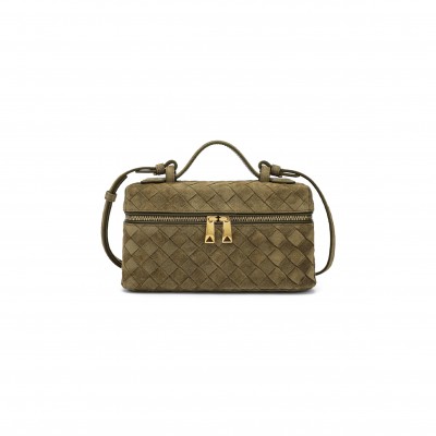BOTTEGA VENETA GREEN BANG BANG VANITY CASE MUD SUEDE BAG 789109 (22*12.5*5cm)